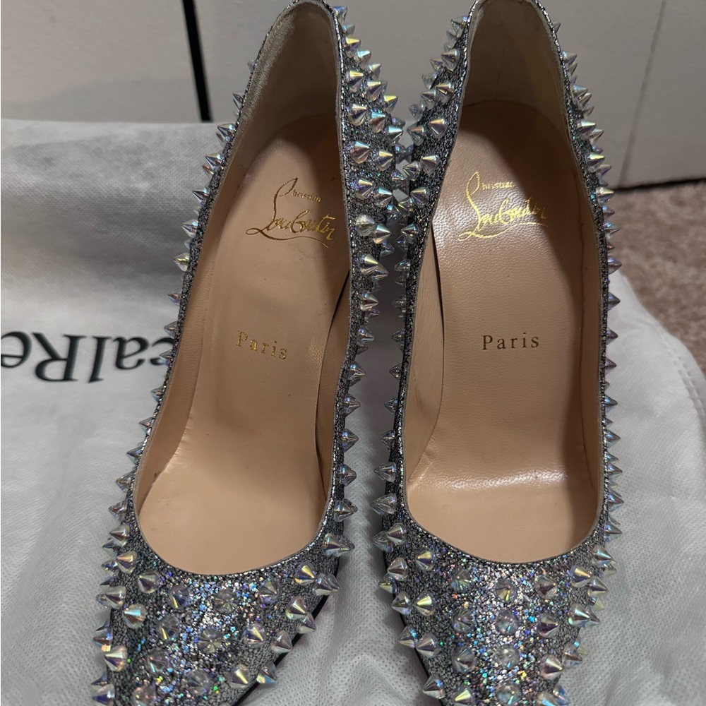 RARE Christian Louboutin Studded Silver & Suede Holographic Heels - Picture 8 of 16